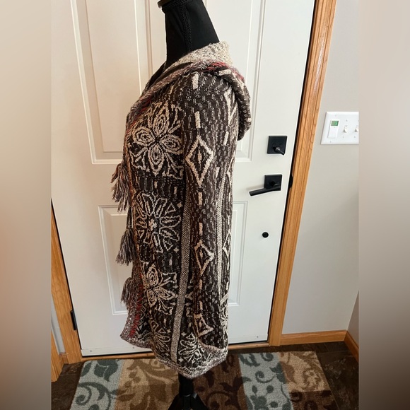 Free People Kai Brown boho hooded tassel floral open front cardigan duster.Small - Picture 6 of 16